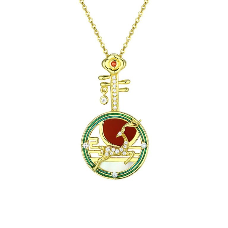 Dunhuang Pipa Nine-Color Deer S925 Silver Necklace | Red Agate & Shell Pendant
