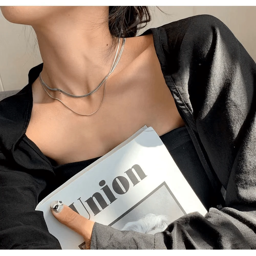 Layered Snake Chain Necklace - Stainless Steel Adjustable Unisex Choker Necklace