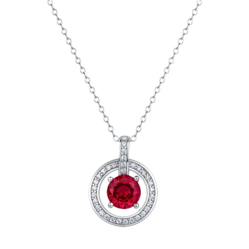 Circle Pendant Necklace - Lab Grown Ruby 925 Sterling Silver Adjustable Chain