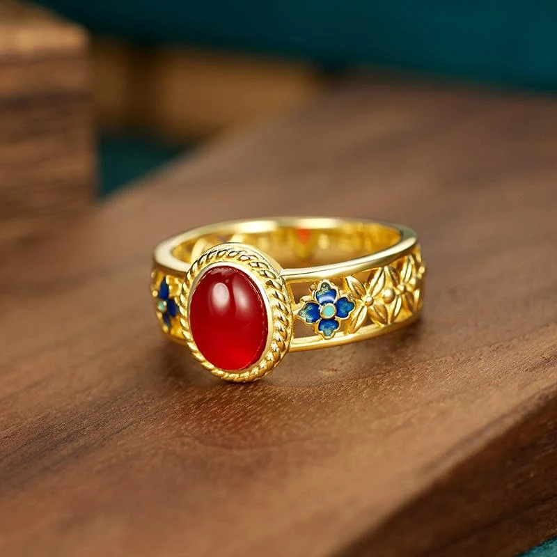 Dunhuang Cloisonné Ring - 925 Sterling Silver Chinese Enamel Ring with Geometric Pattern - image 5