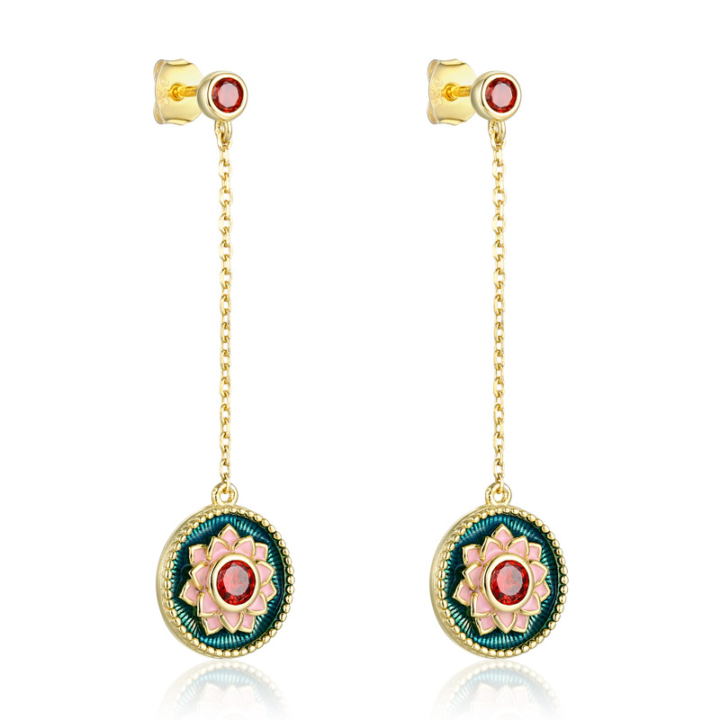 Dunhuang Lotus Earrings - 925 Sterling Silver Chinese Buddhist Jewelry with Geometric Pattern