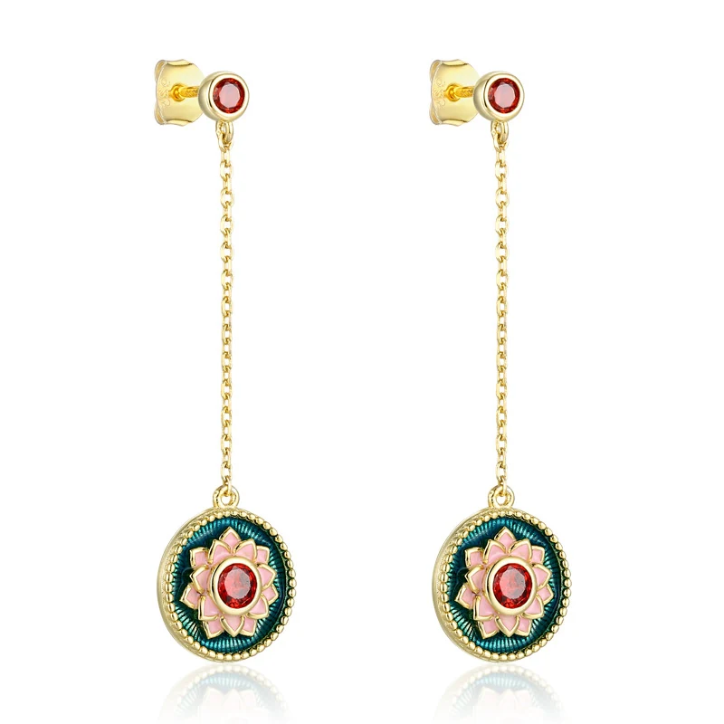 Dunhuang Lotus Earrings - 925 Sterling Silver Chinese Buddhist Jewelry with Geometric Pattern