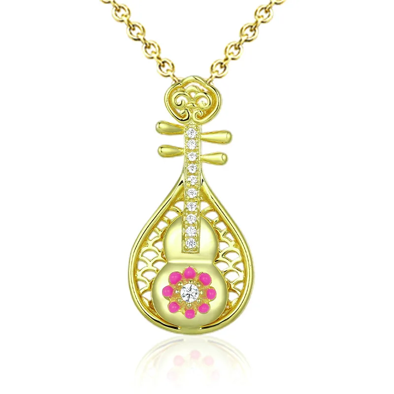 Lute Pendant Necklace - 925 Sterling Silver Dunhuang Collection Chinese Instrument Jewelry