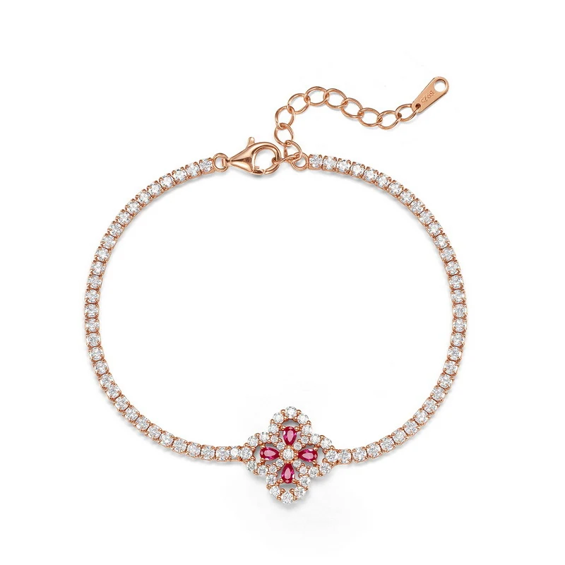 Four Leaf Clover Bracelet - Lab Grown Ruby 925 Sterling Silver Adjustable