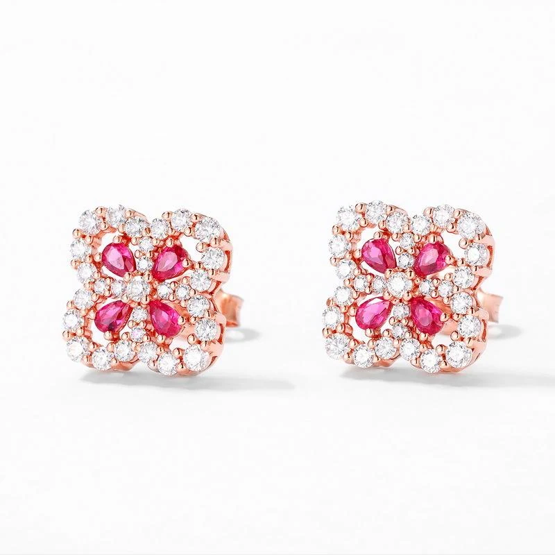 Four Leaf Clover Earrings - Lab Grown Ruby Sterling Silver Stud Earrings