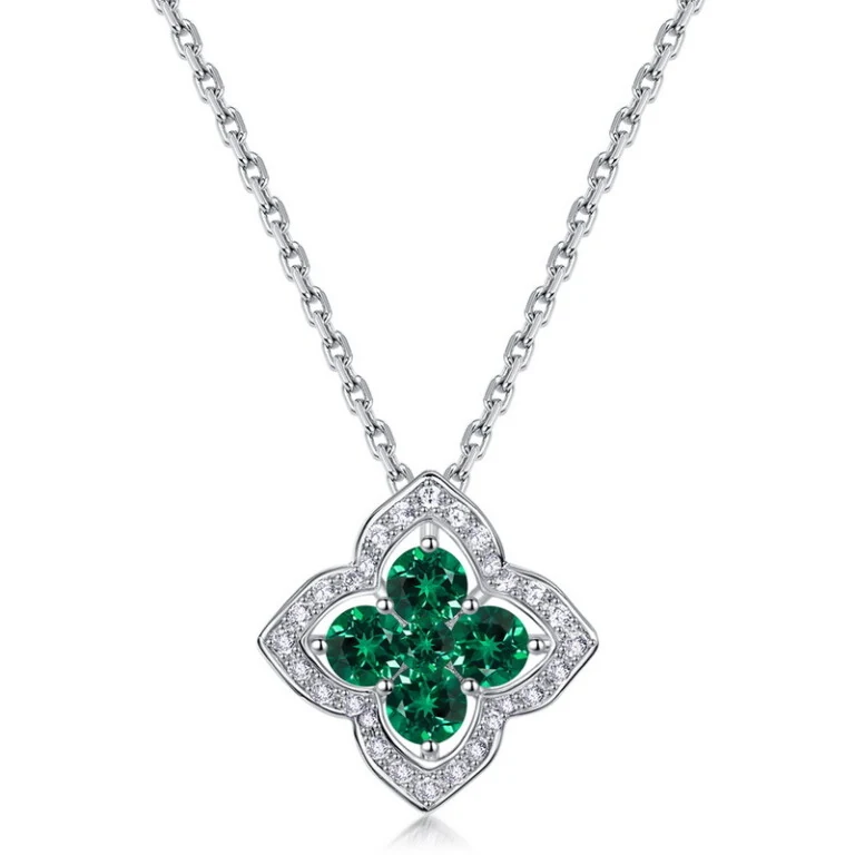 Four Leaf Clover Necklace - Lab Grown Emerald 925 Sterling Silver Adjustable Chain