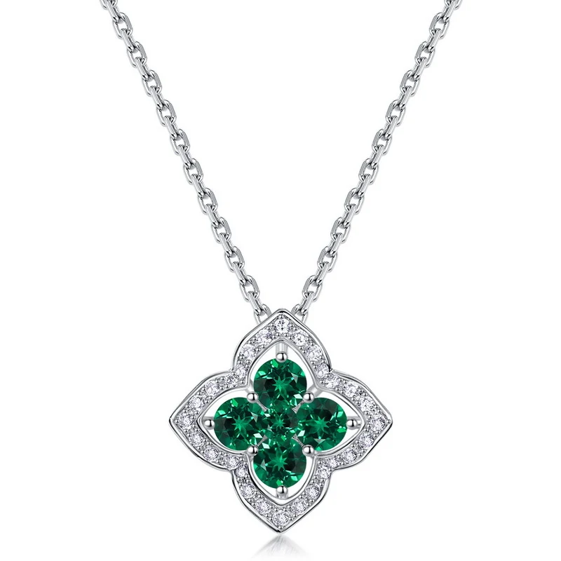 Four Leaf Clover Necklace - Lab Grown Emerald 925 Sterling Silver Adjustable Chain