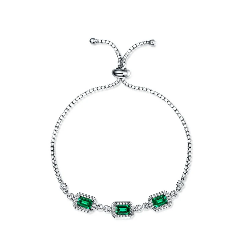 Square Link Bracelet with Lab Emerald & Diamonds | Sterling Silver Vintage Design