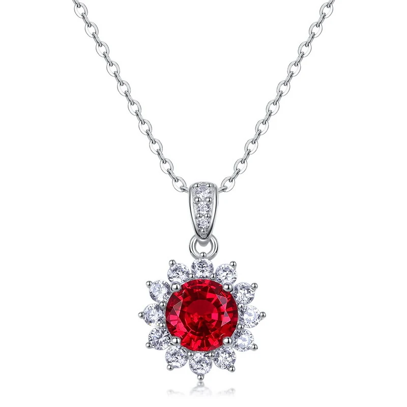 Sunflower Necklace - Lab Grown Ruby Pendant 925 Sterling Silver Adjustable Chain