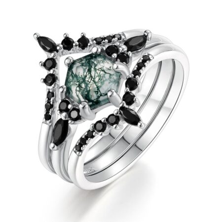 Features 7x7mm moss agate with S925 silver band