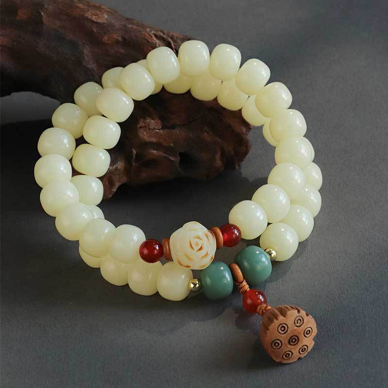 Feng Shui Bodhi Seed Bracelet: Creamy Yellow Calcified Mala with Double-Loop Design for Academic Success - Sterling Silver Jewelry