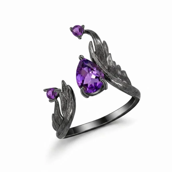 Dark Vintage Open Ring 925 Silver Natural Amethyst Italian Craftsmanship