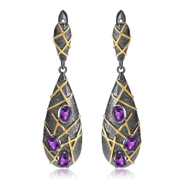 Italian designer drop earrings, vintage style, S925 silver natural amethyst