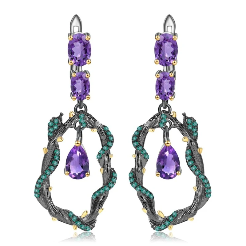 Italian Craft Designer Natural Amethyst Drop Earrings, Natural Vine Design 925 Silver Earrings