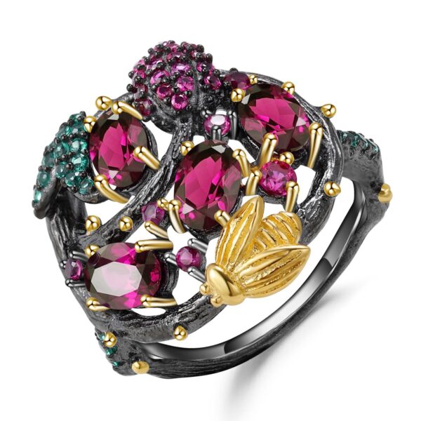 Secret Garden Designer Natural Floral S925 Silver Rose Garnet Ring