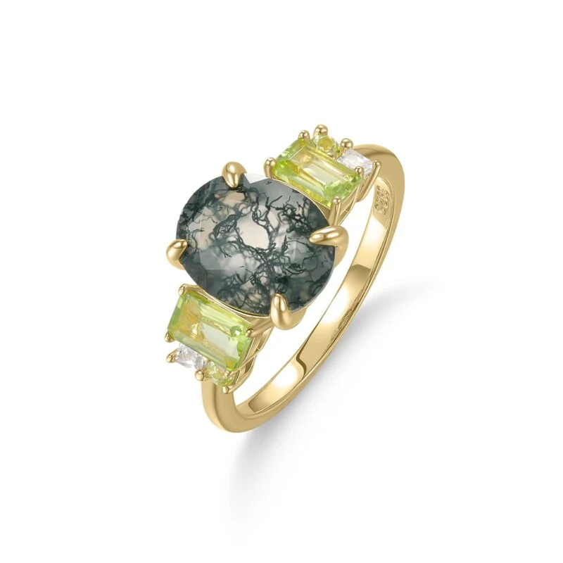 Designer Natural Moss Agate Ring S925 Silver Inlaid Understated Jewelry