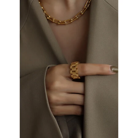 Heavy Link-Motif Titanium Steel Ring | Handmade Statement
