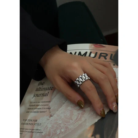 Heavy Link-Motif Titanium Steel Ring | Handmade Statement