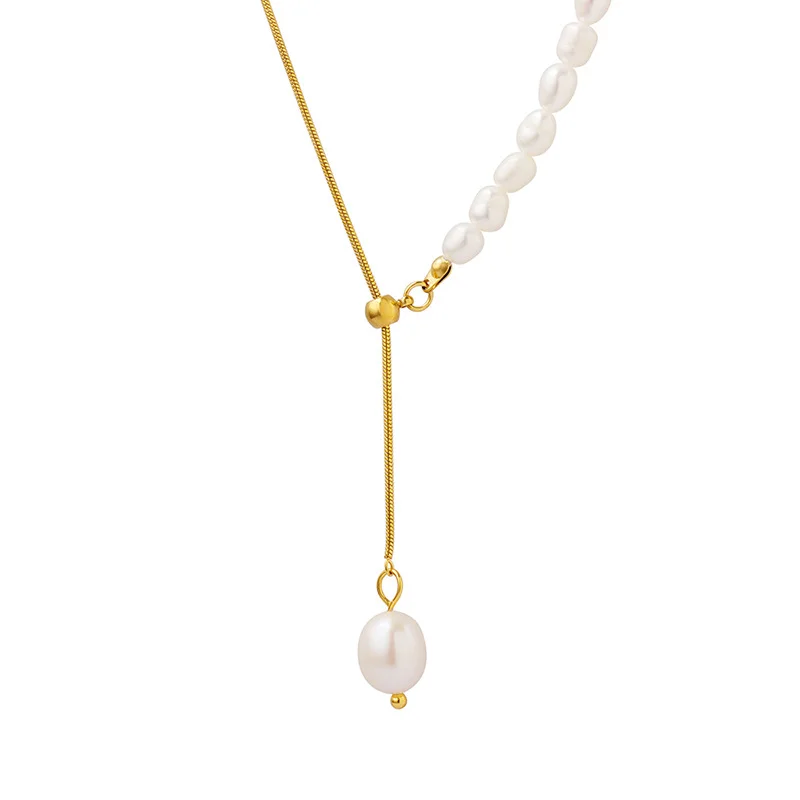 Necklace — European American Light Luxury Freshwater Pearl Snake Chain Titanium