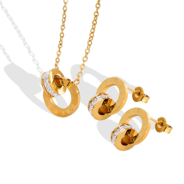 European-American Roman Style Double Ring Earring & Necklace Set, Titanium Steel 18K Gold