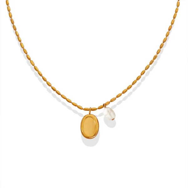 Korean Fashion Titanium Steel Freshwater Pearl Oval Pendant Choker Necklace