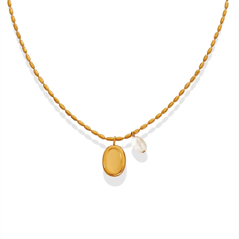 Korean Fashion Titanium Steel Freshwater Pearl Oval Pendant Choker Necklace