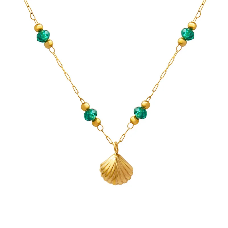 Korean Style Trendy Scalloped Crystal Bead Pendant Necklace 18K Gold Plated