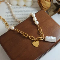French Style 18K Gold Freshwater Pearl Heart Pendant Necklace