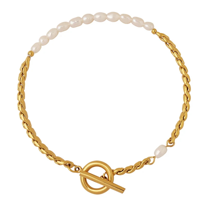 Korean Understated Freshwater Pearl Bracelet, 18K Gold Plated Titanium Steel OT Clasp