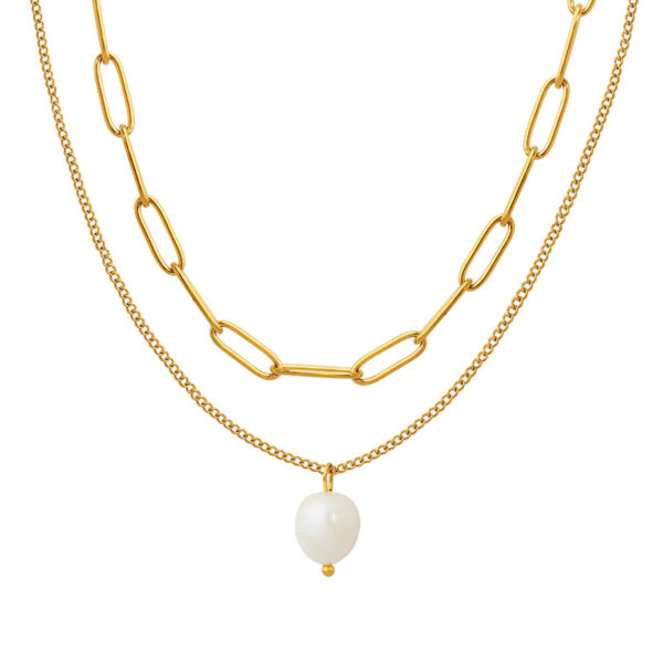 Ins trend cold style freshwater pearl pendant multi-layer layered chain titanium steel choker necklace P791