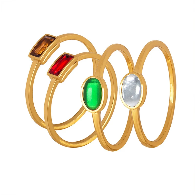 Korean Style Thin Titanium Steel Gold Plated Ring with Colorful Crystal Stones