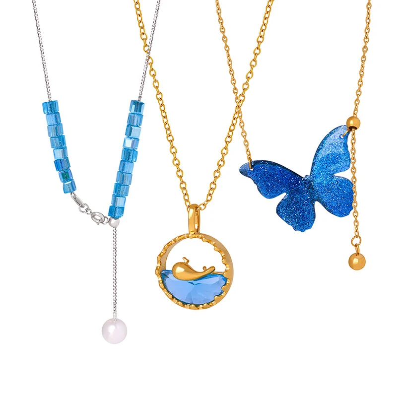 Korean Modern Minimalist Simple Tassel Chain Blue Pendant Titanium Steel Gold Plated Jewelry Set