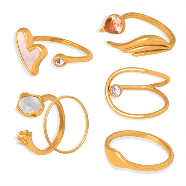 Geometric Minimalist Titanium Steel Gold-Plated Ring with CZ & Shell