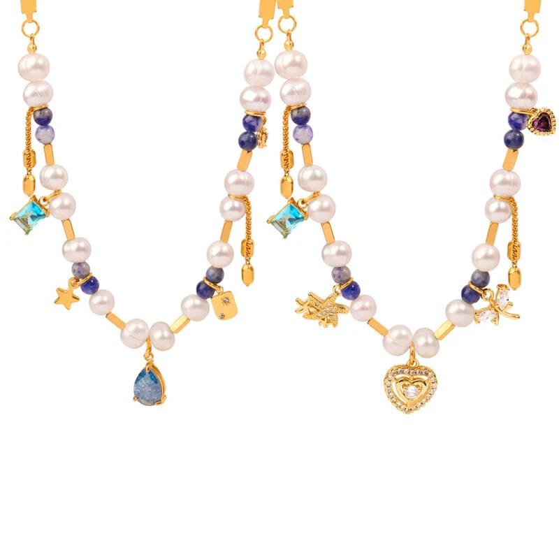 New Contemporary Court Style Light Luxury Vintage Titanium Steel Gold-Plated Freshwater Pearl Natural Stone Handmade Beaded Necklace