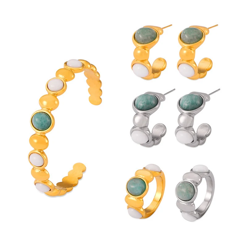 Understated Geometric Natural Stone Beaded Round Bead Design Titanium Steel Jewelry Set