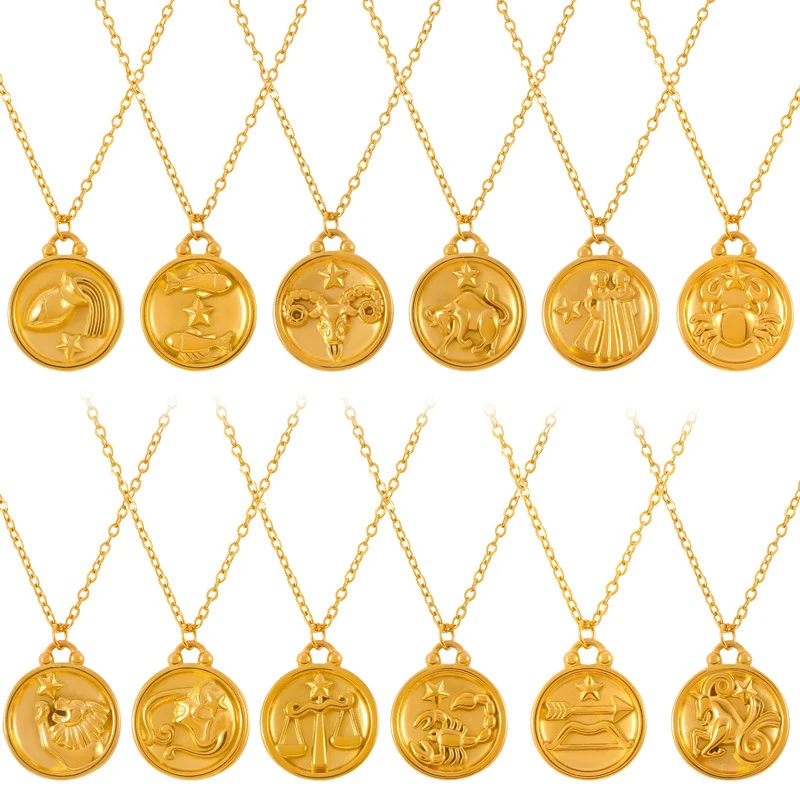 European Minimalist Zodiac Star Embossed Round Pendant Necklace