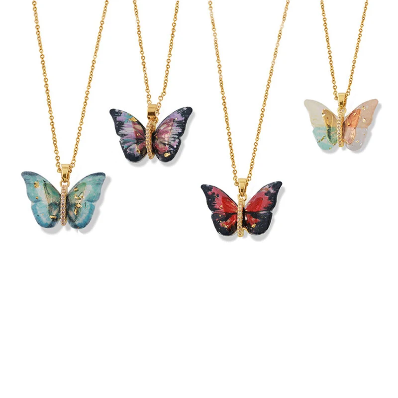 Bohemian Elegant Titanium Steel Necklace with Multi-color Resin Butterfly & Diamond-set Copper Pendant