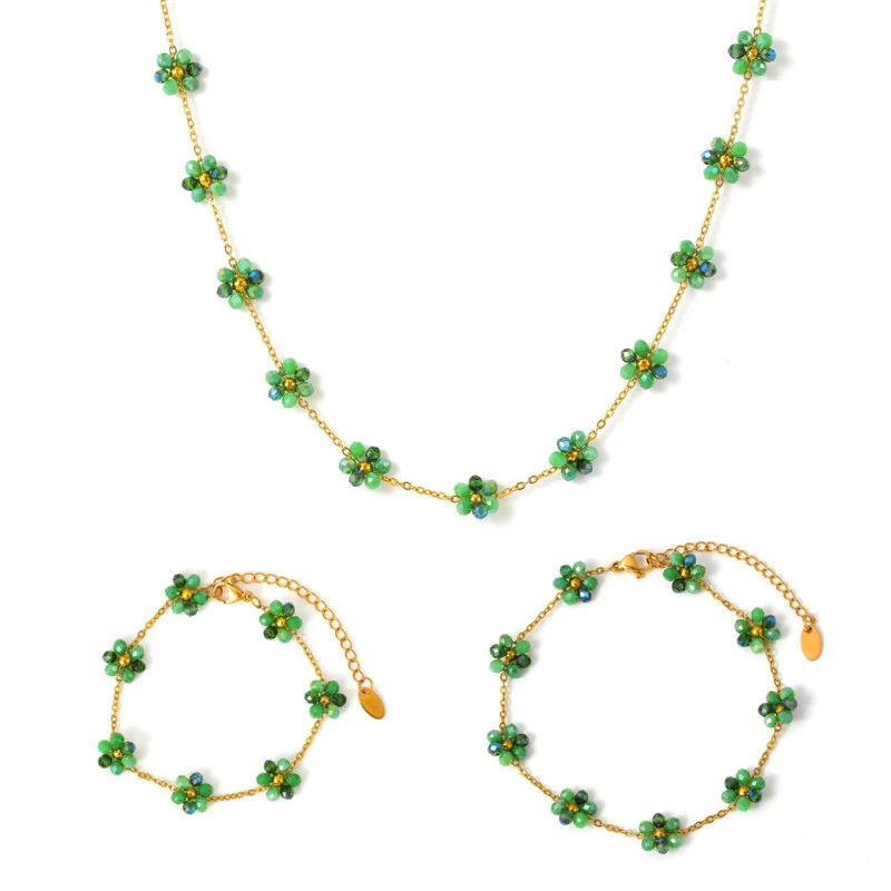 Bohemian Glass Bead Jewelry Set: Necklace, Bracelet & Anklet, Titanium Steel