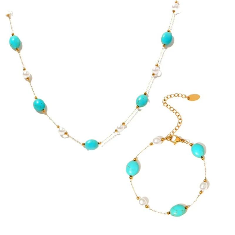 Natural Turquoise & Imitation Pearl Stainless Steel Necklace Bracelet Set