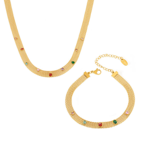 Mili Ins Mesh Ribbon Geometric Colorful Zircon Necklace Bracelet Set Titanium Steel PVD