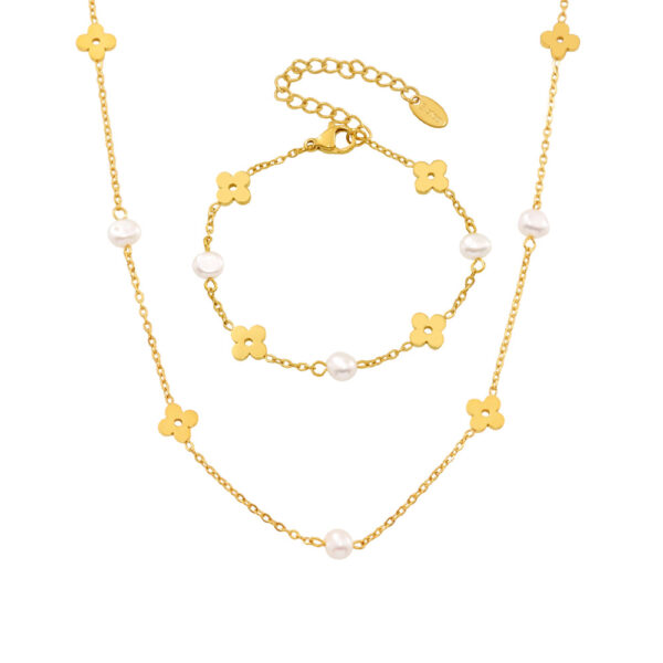 Mili Freshwater Pearl Flower Chain Necklace & Bracelet Set with 18K Gold