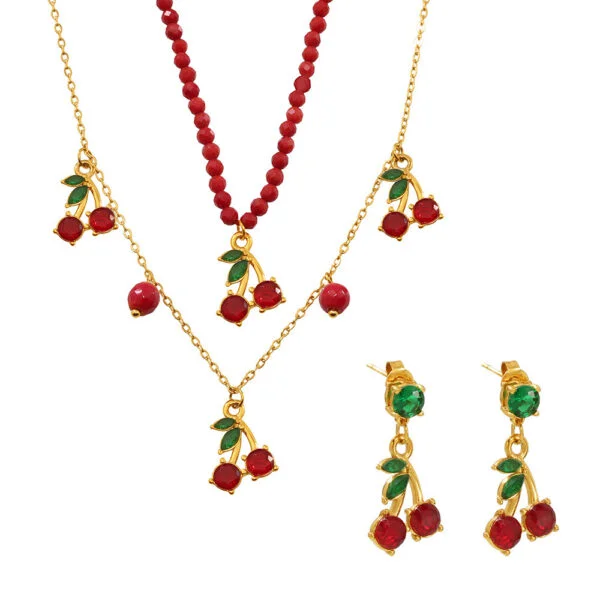 Natural Stone Beads Fresh Sweet Red Cherry Fruit Necklace & Glass Stone Earrings Set