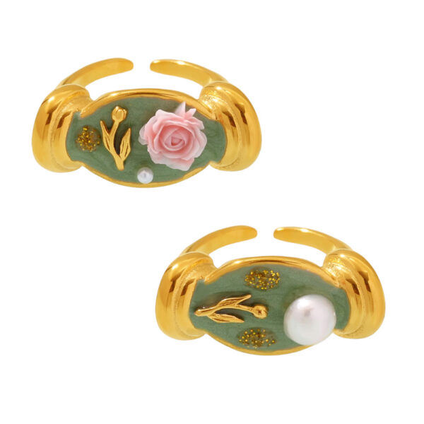 Mili Blooming Wealth Enamel Pearl Embossed Open Ring Stainless Steel