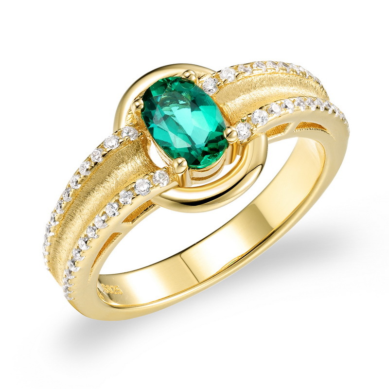 Vintage Handmade Brushed Lab-Created Emerald Ring S925 Silver Gold Plated Women