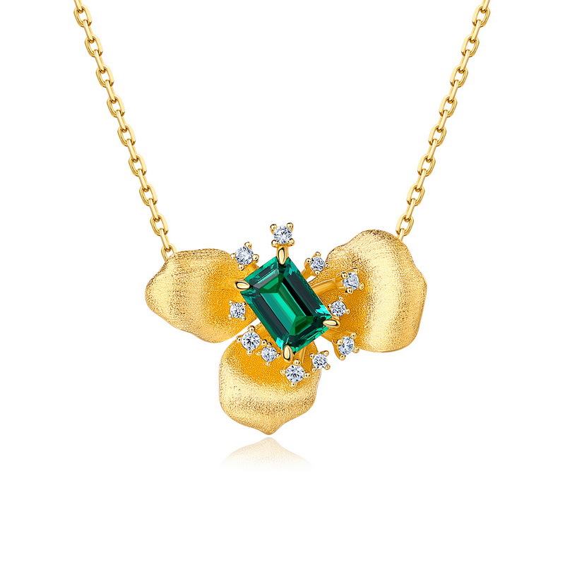 Handmade Brushed S925 Silver Gold-Plated Flower Necklace with Lab Emerald