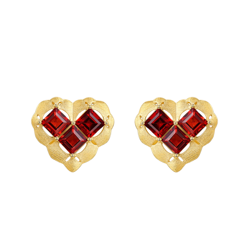 French Retro Heart Garnet Earrings S925 Sterling Silver Stud