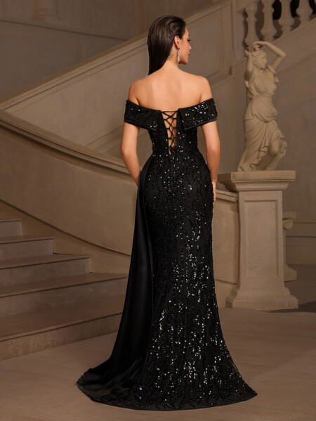 Black Sequin Off-shoulder Dress 6