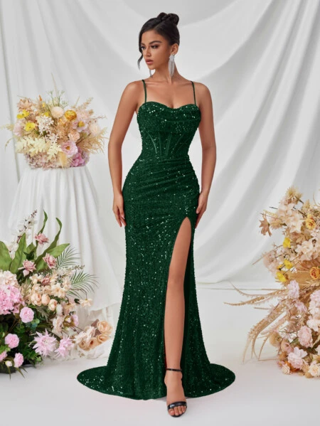 Dark Green Sequin Slim Strapless Dress 7