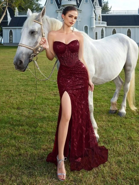 Burgundy Sequin Bodycon Strapless Dress 7