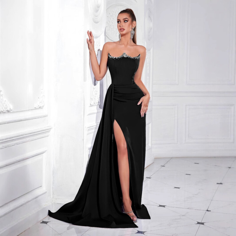 Black Rhinestone Maxi Dress | Polyester Knit